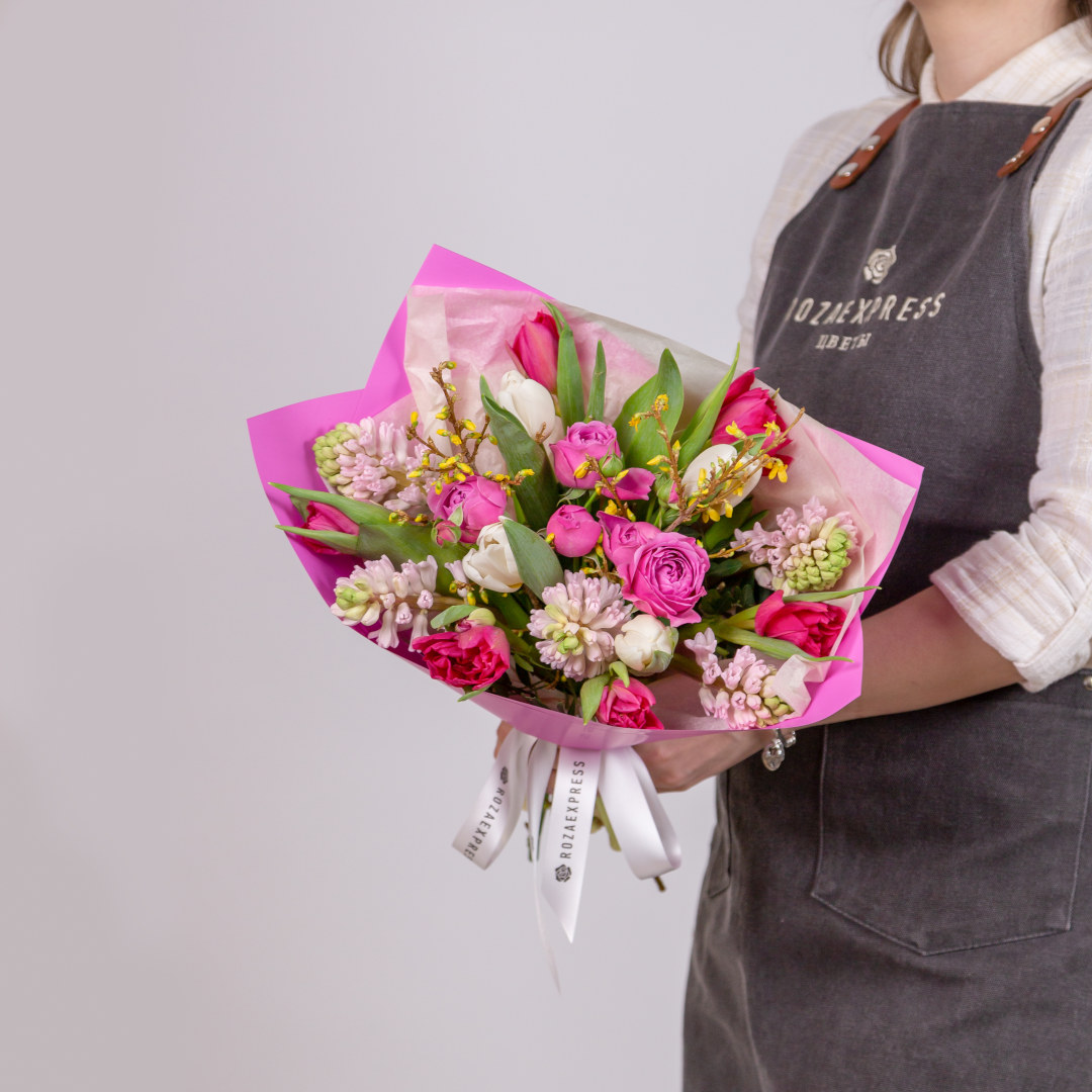 заказать букет Розовые гиацинты и тюльпаны