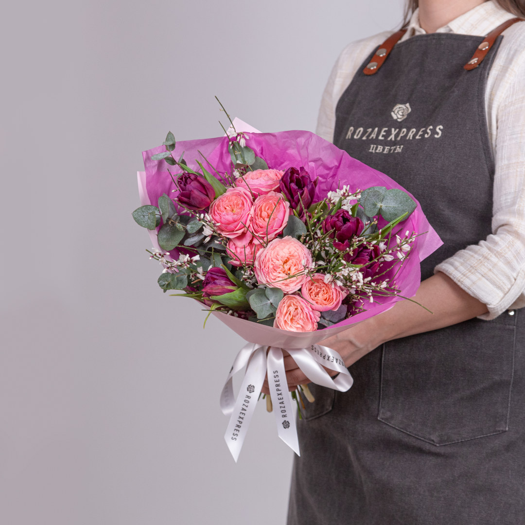 заказать букет Пурпурные тюльпаны и розы