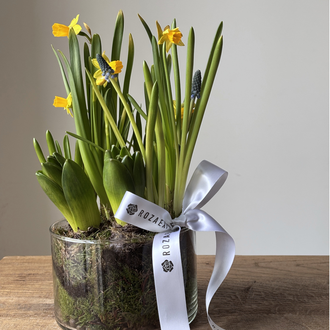 заказать букет Композиция c первоцветами в стеклянной вазе d 15